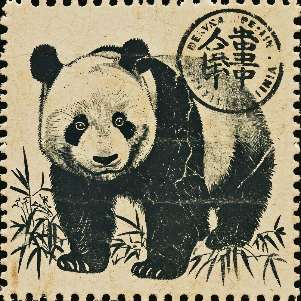 Vintage postage stamp with panda mammal animal bear.