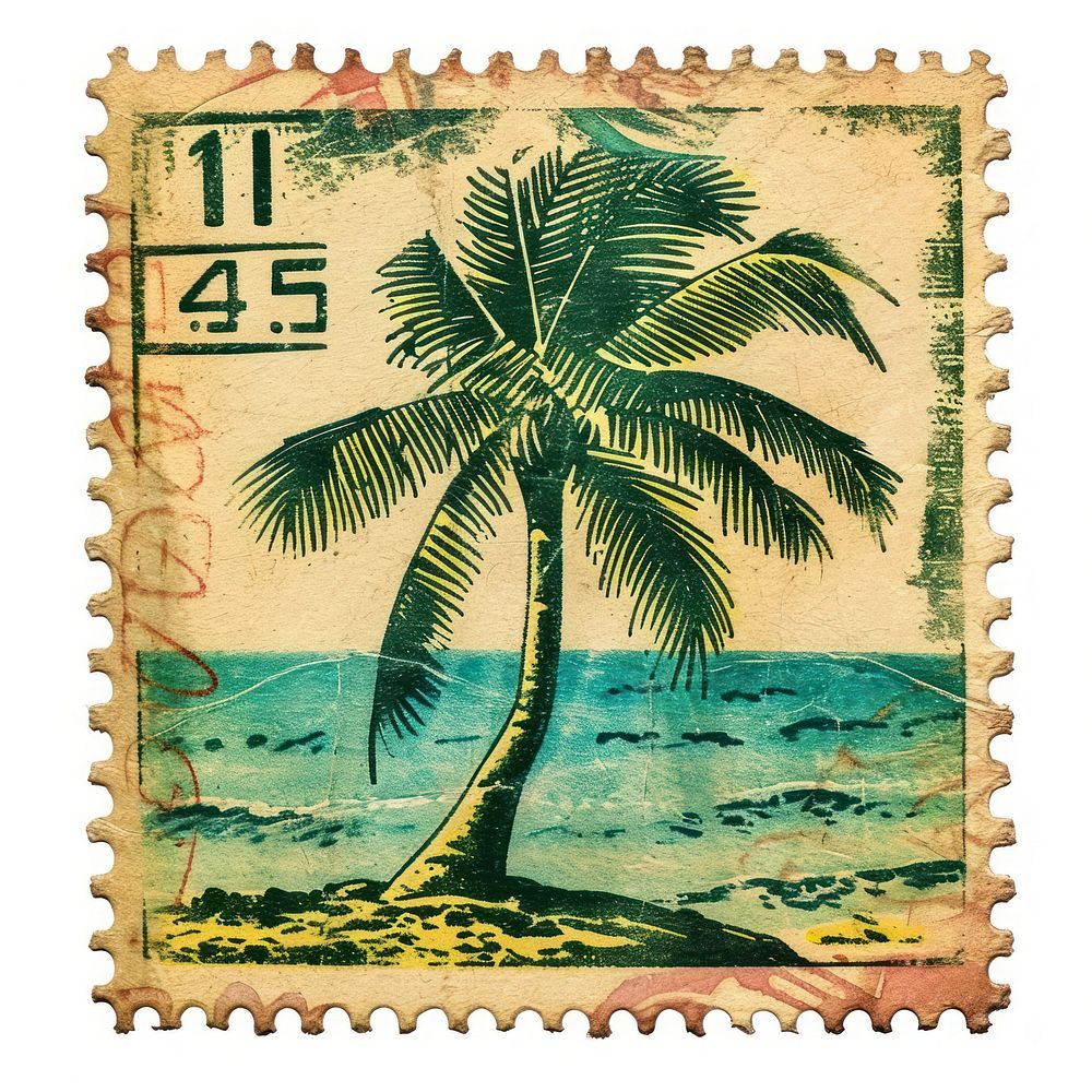 Vintage postage stamp with palm tree needlework blackboard tropics.