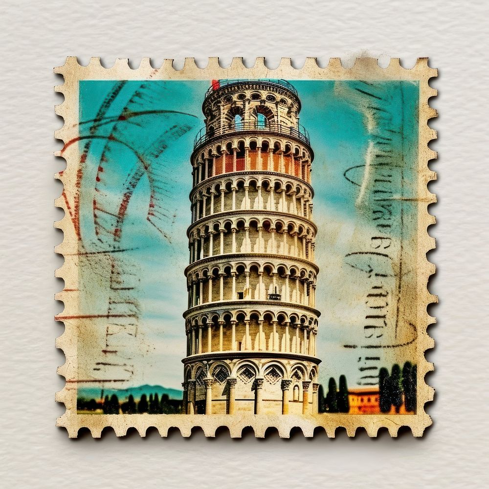 Vintage postage stamp with pisa architecture amphitheater landmark.