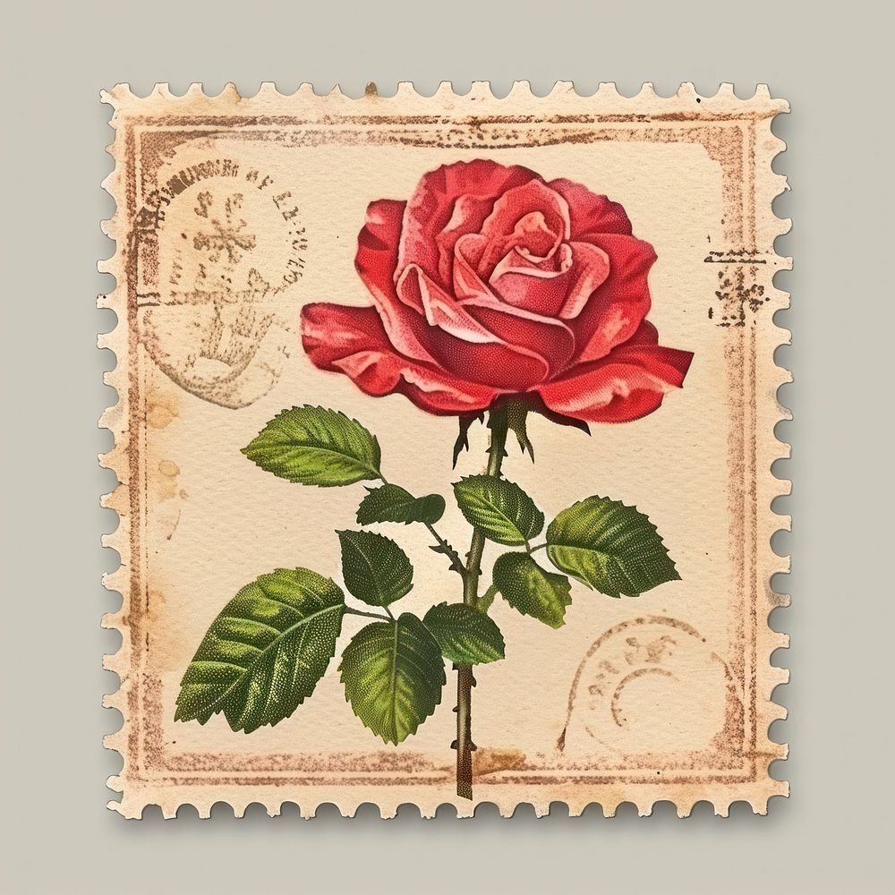 Vintage postage stamp with rose flower plant paper.