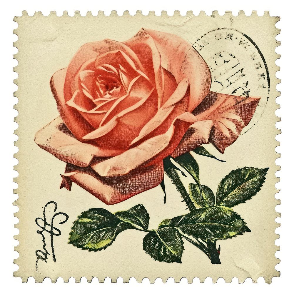 Vintage postage stamp with rose flower plant paper.