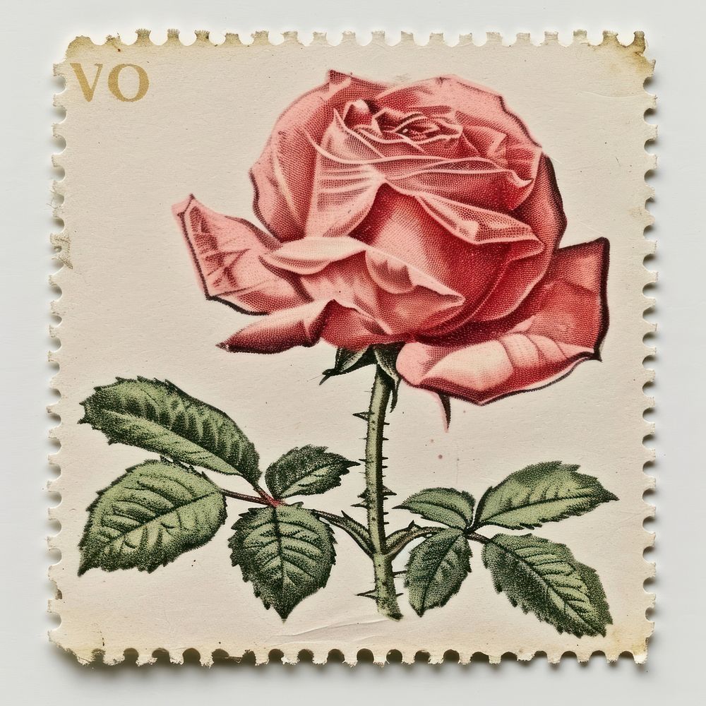 Vintage postage stamp with rose pattern flower plant.