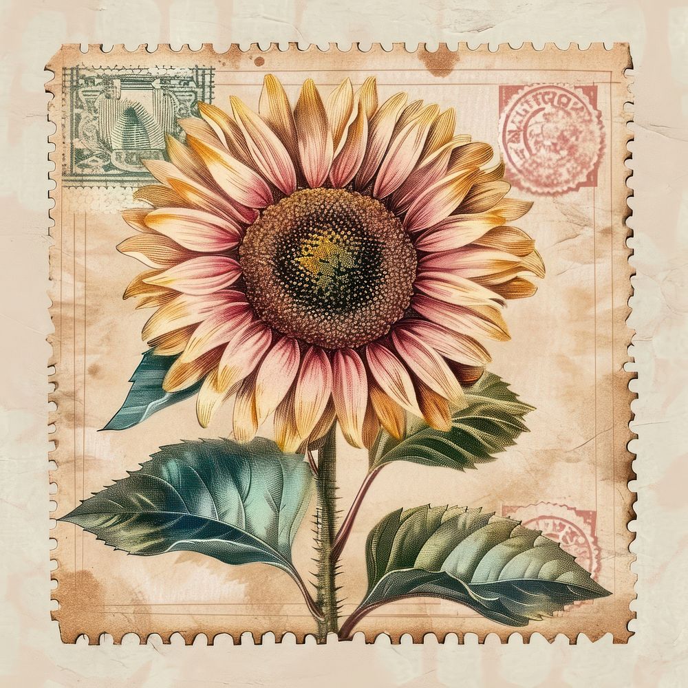 Vintage postage stamp with sunflower plant paper inflorescence.