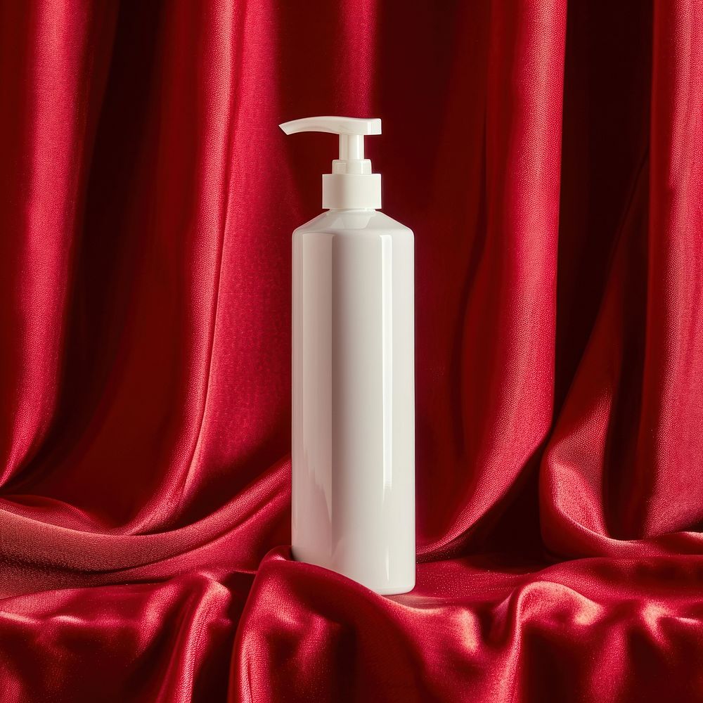 Pump skincare bottle  red container bathroom.
