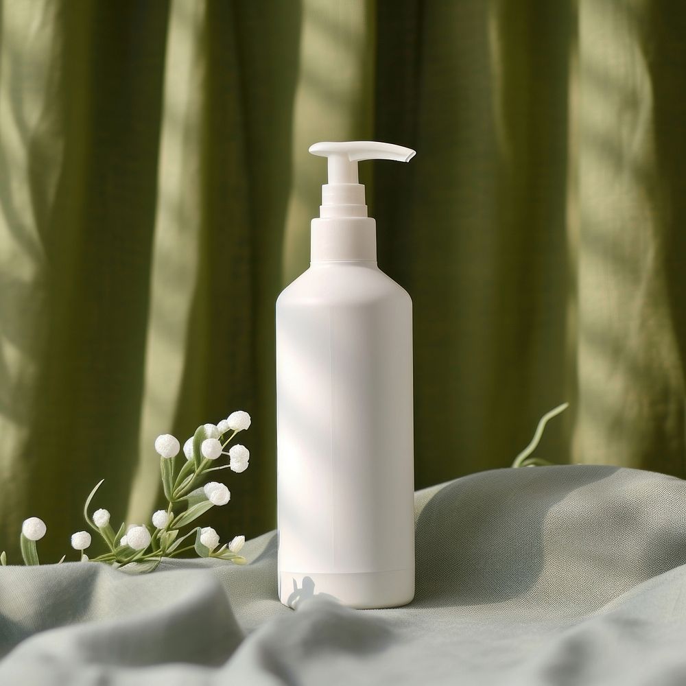 Pump skincare bottle  green container bathroom.