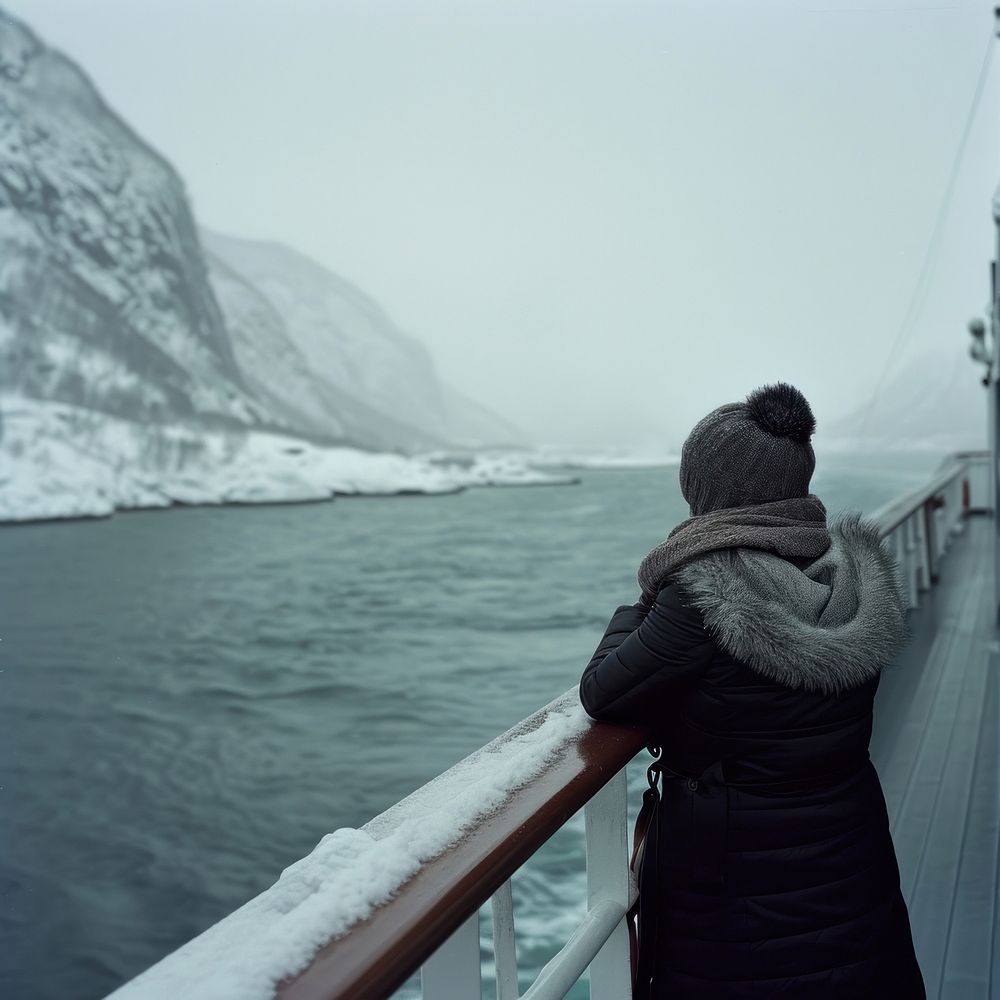 Woman on a cruise ship outdoors winter nature.