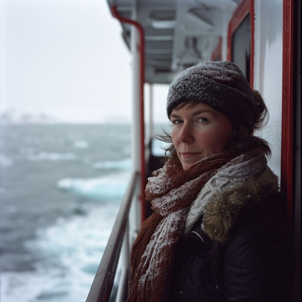 Woman on a cruise ship portrait winter scarf.