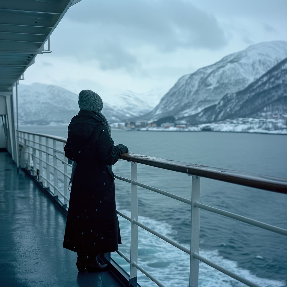 Woman on a cruise ship standing outdoors railing.