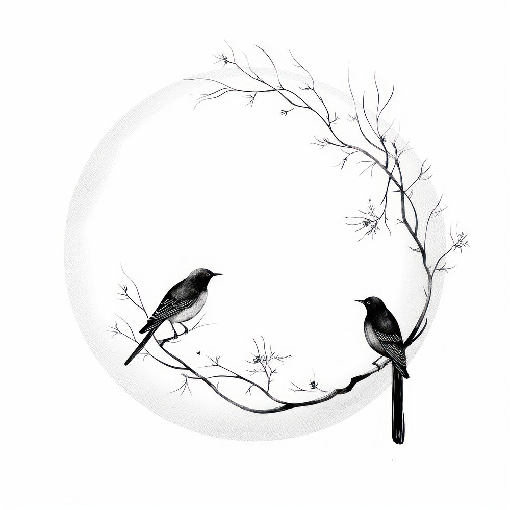 Stroke outline birds frame circle sketch white background.