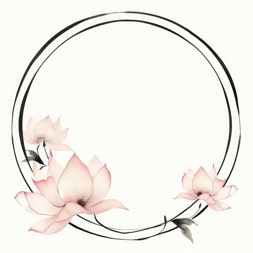 Stroke outline chinese lotus frame circle flower plant.