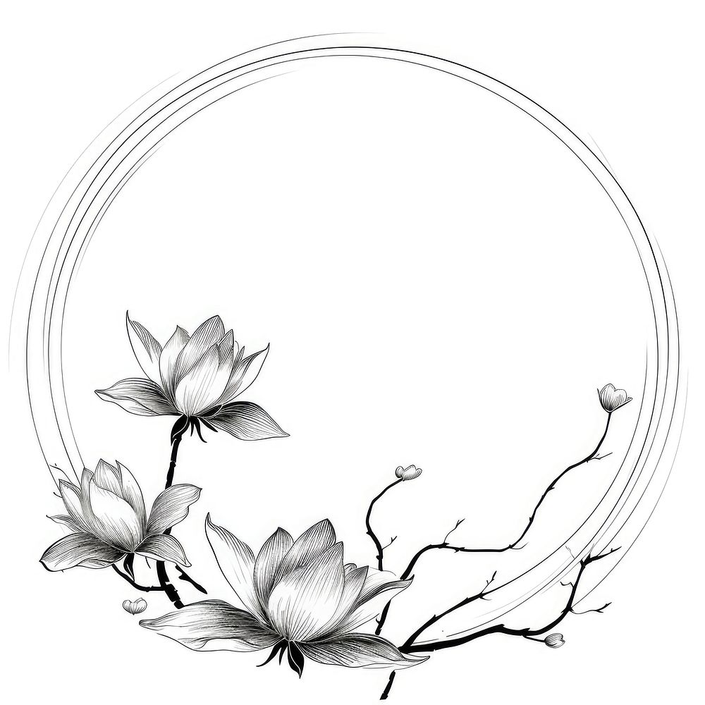 Stroke outline chinese lotus frame drawing circle flower.