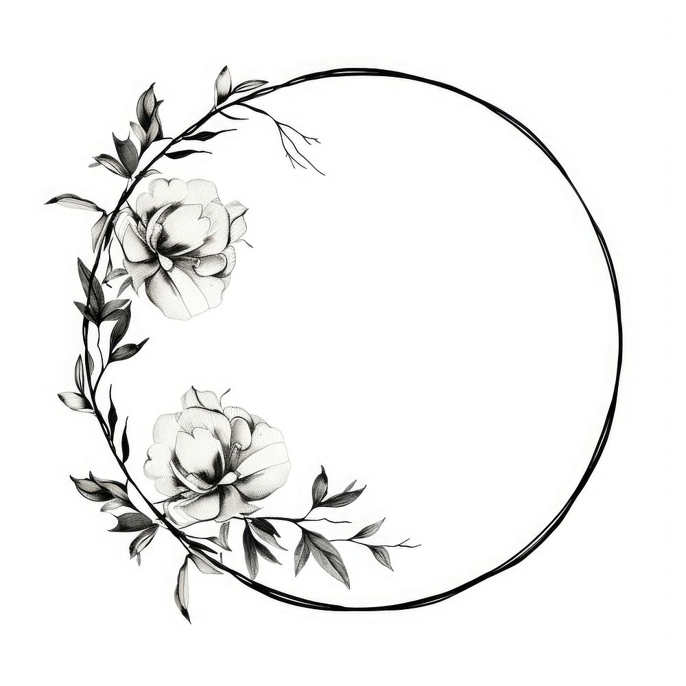 Stroke outline chinese roses frame circle monochrome dishware.
