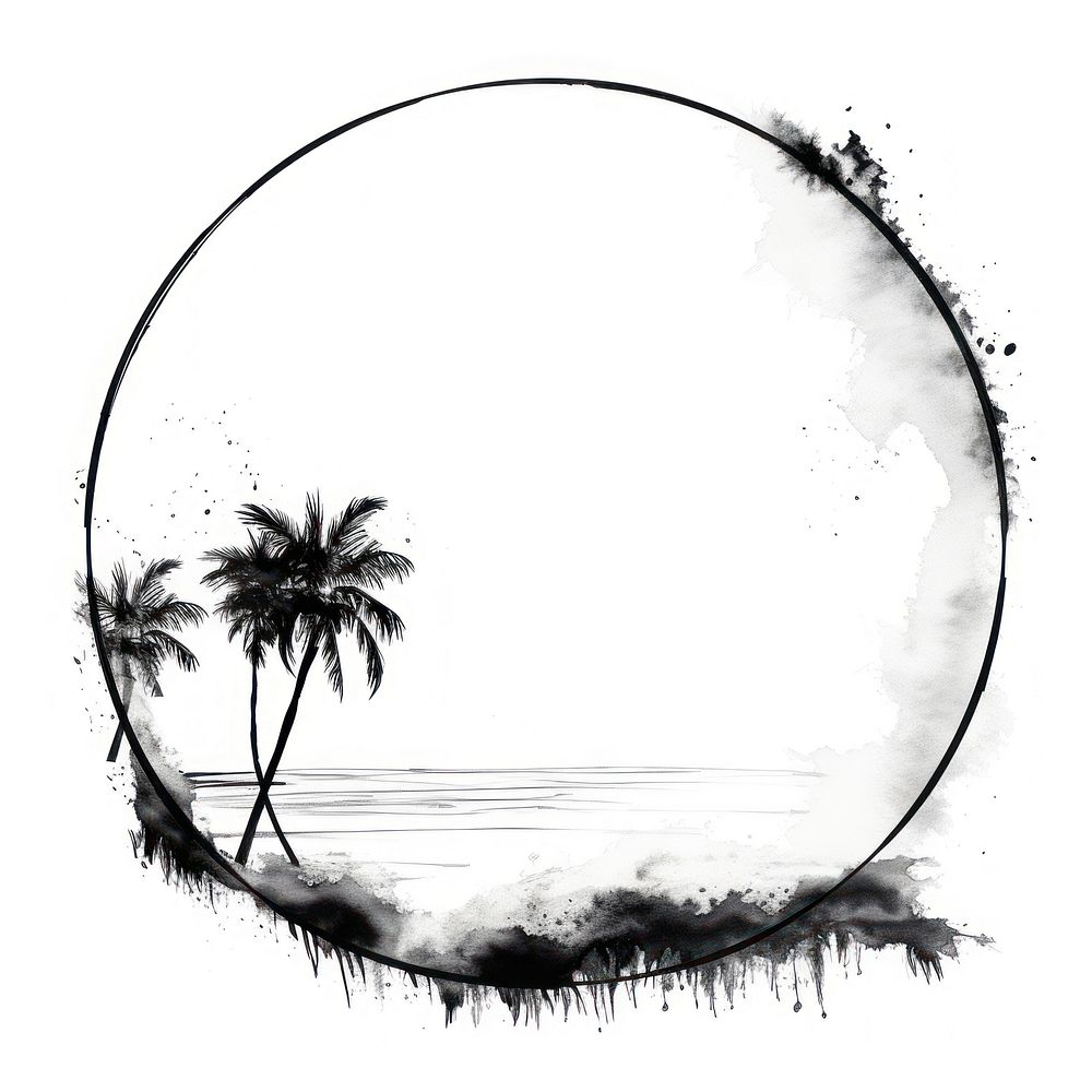 Stroke outline palm tree frame outdoors nature circle.
