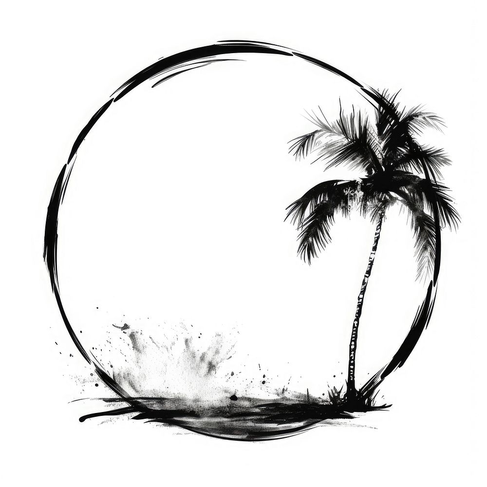 Stroke outline palm tree frame outdoors drawing circle.