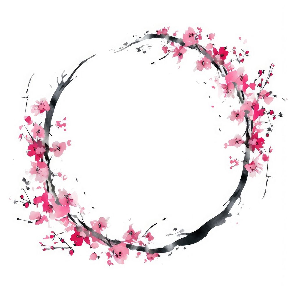 Stroke outline pink chinese plum frame blossom circle flower.