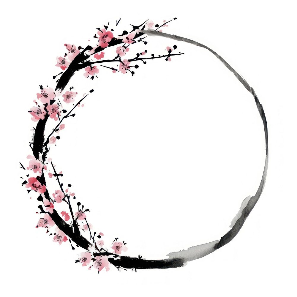 Stroke outline pink chinese plum frame blossom flower circle.