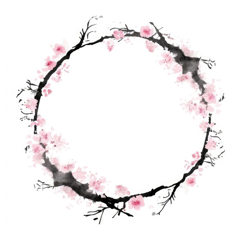 Stroke outline pink sakura frame blossom flower circle.