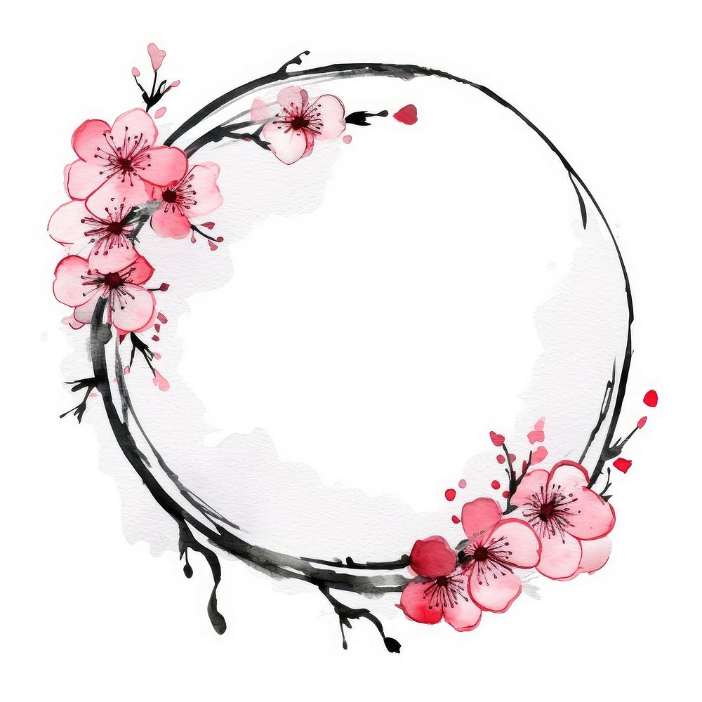Stroke outline pink sakura frame blossom circle flower.
