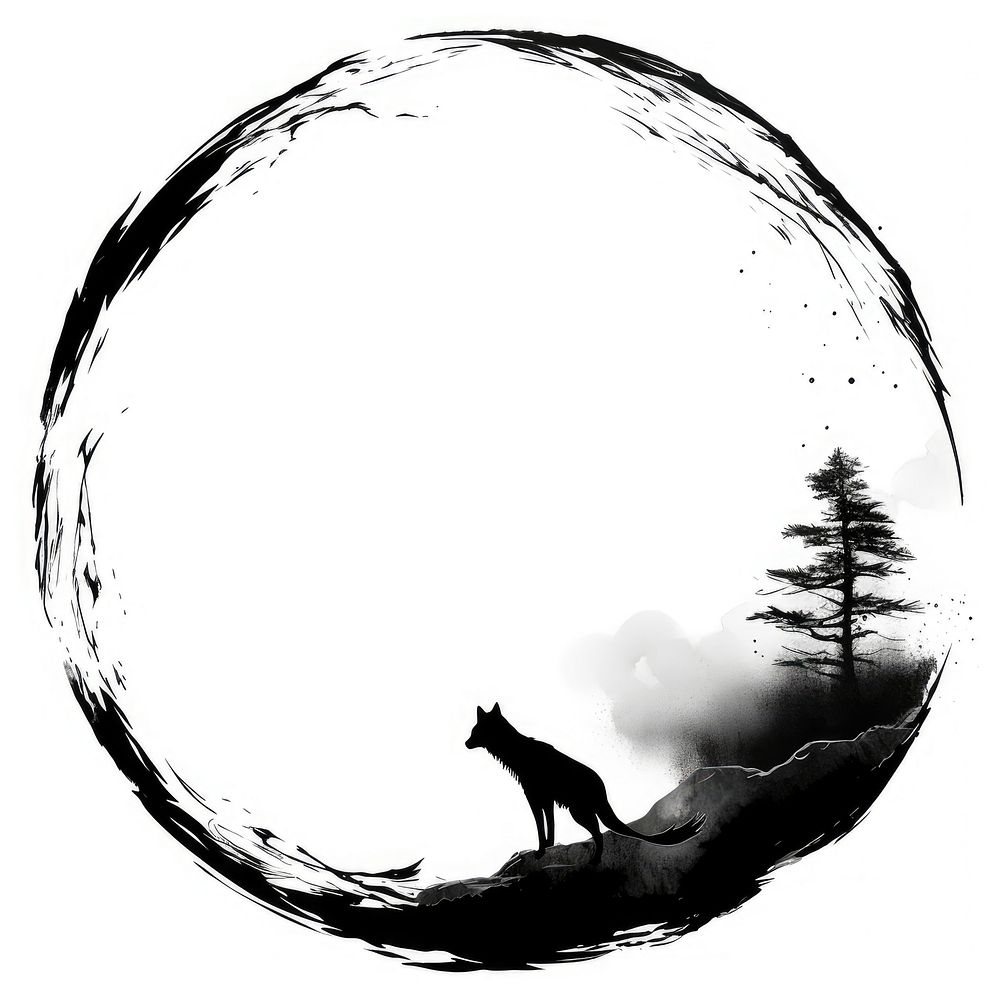 Stroke outline wolf frame silhouette circle mammal.