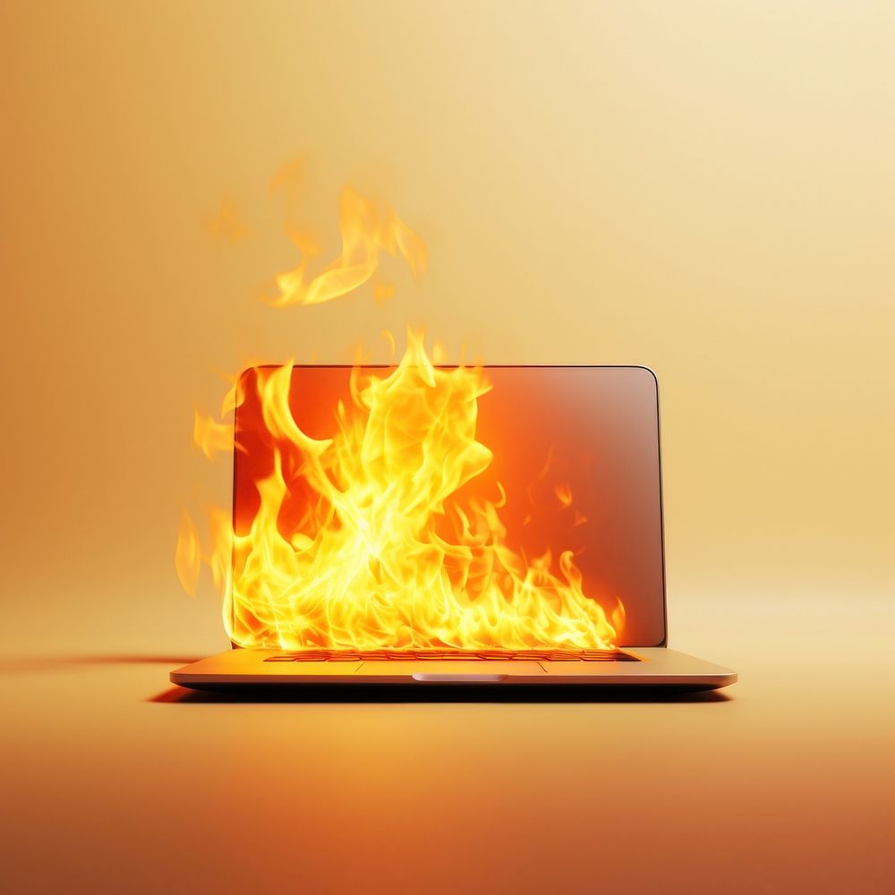 Photography of a Burning gold labtop fire computer burning.