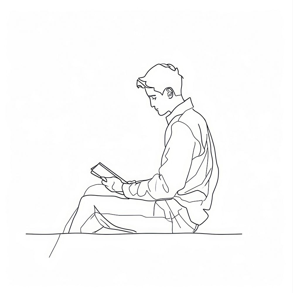 Single line drawing man reading sketch doodle art.