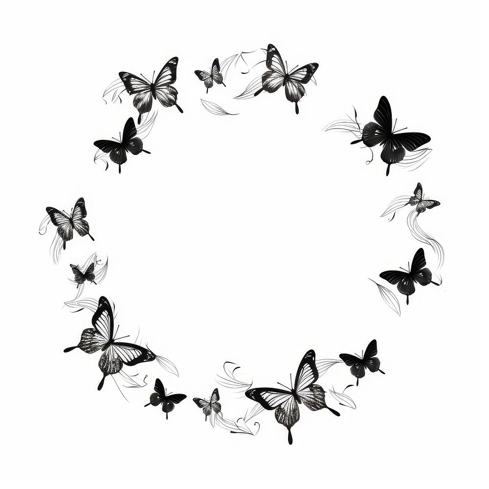Stroke outline butterflies frame animal sketch white background.