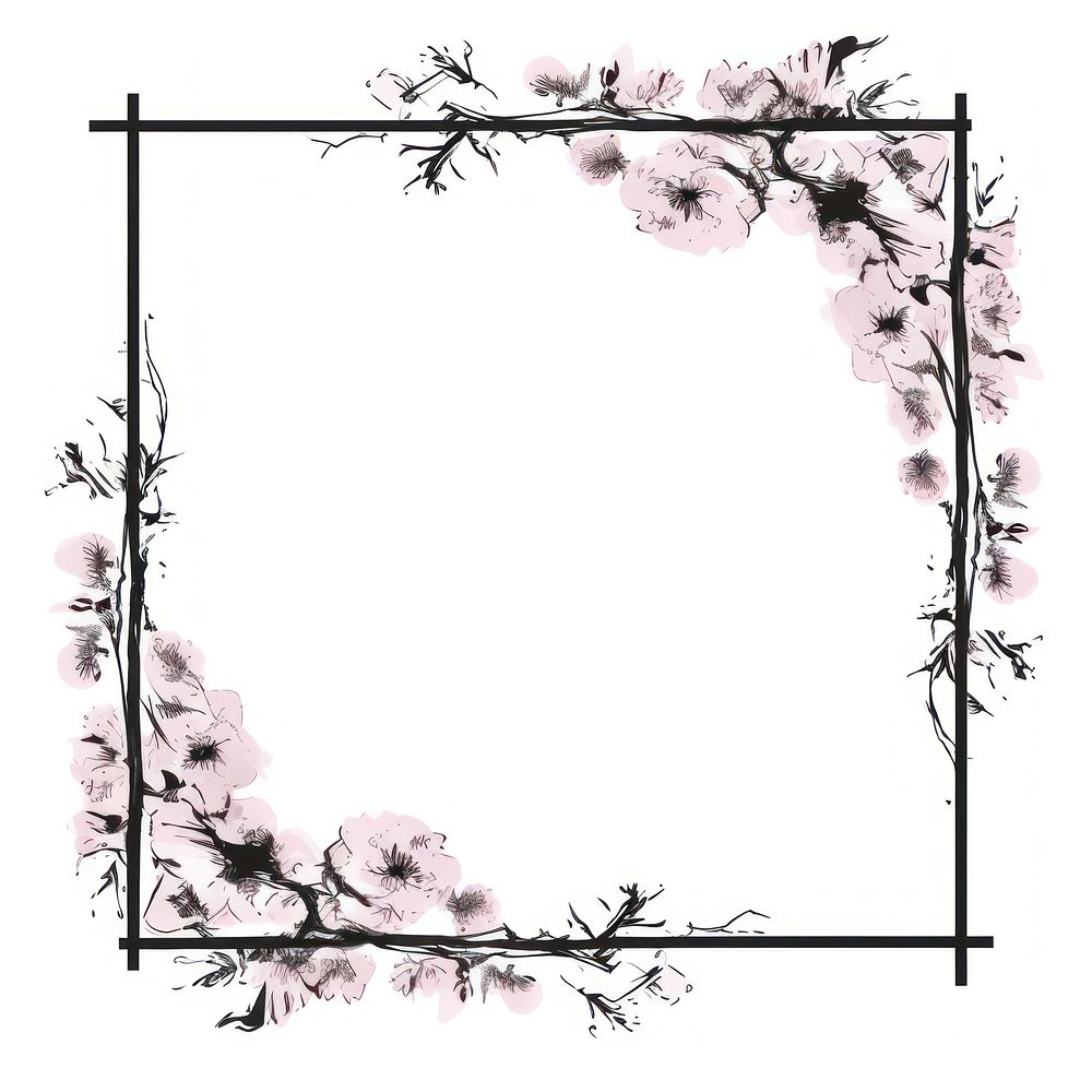 Stroke outline pink chinese plum frame flower plant white background.