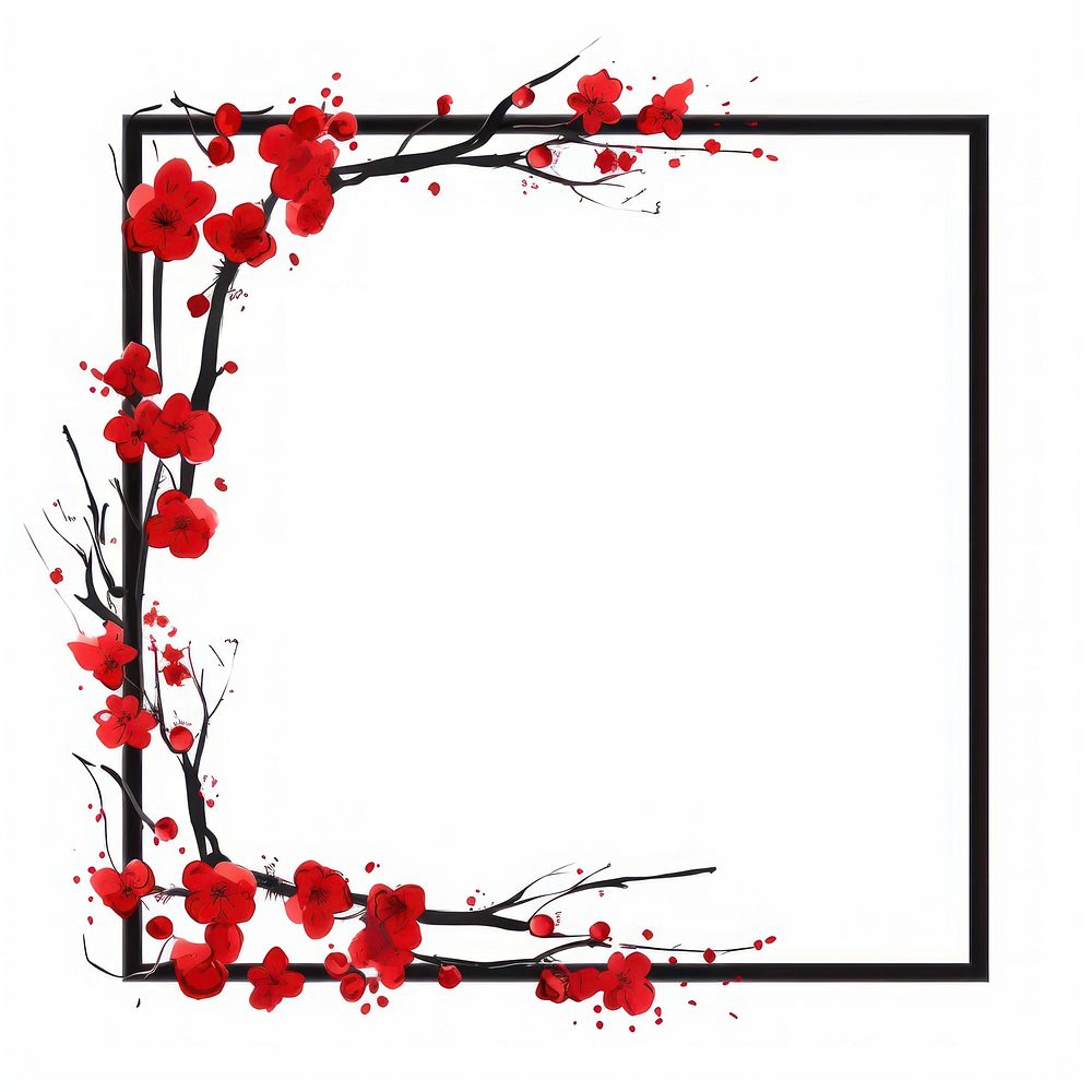 Stroke outline red chinese plum frame flower plant white background.