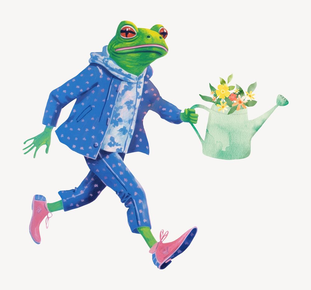 Frog character holding watering can digital art illustration