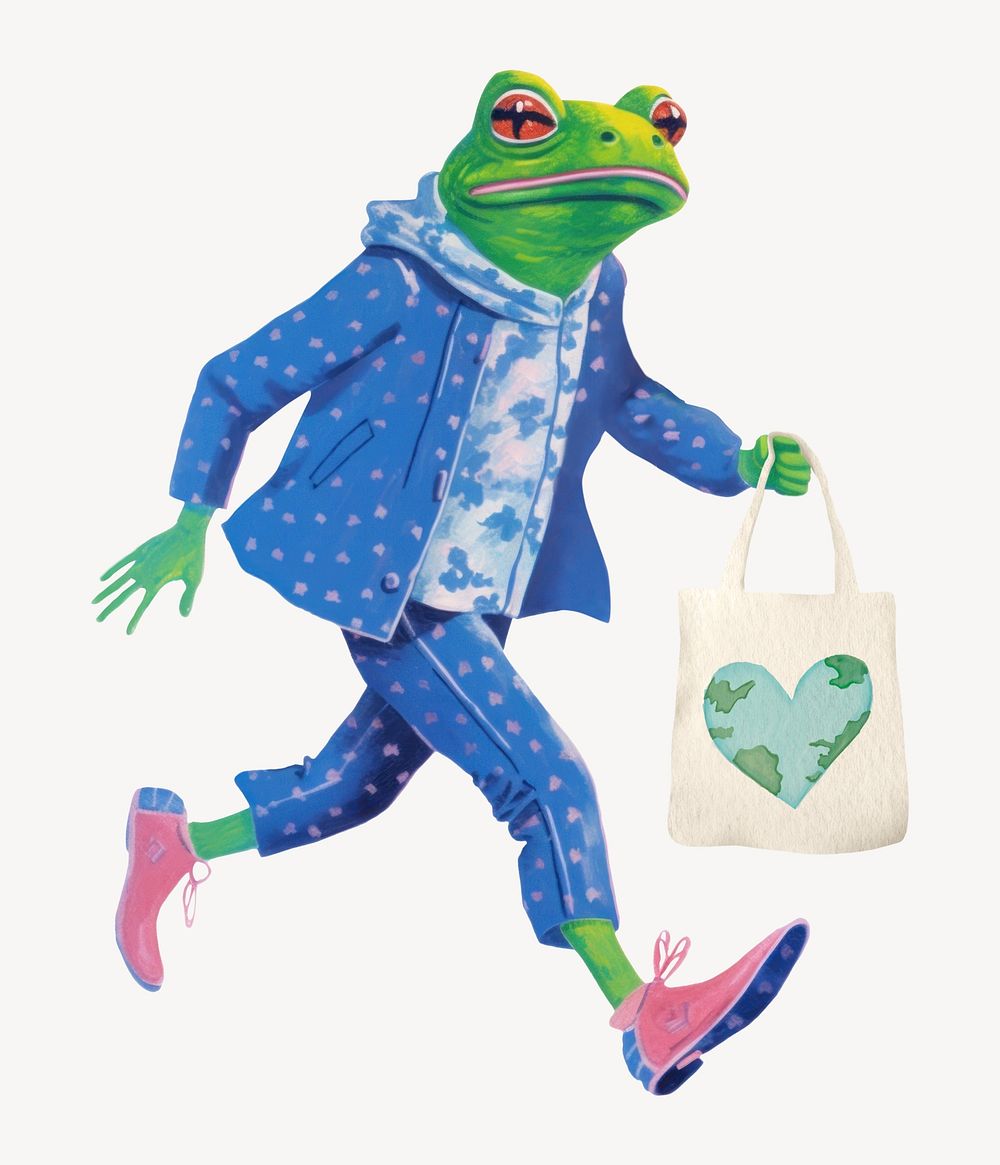 Frog character holding tote bag digital art illustration