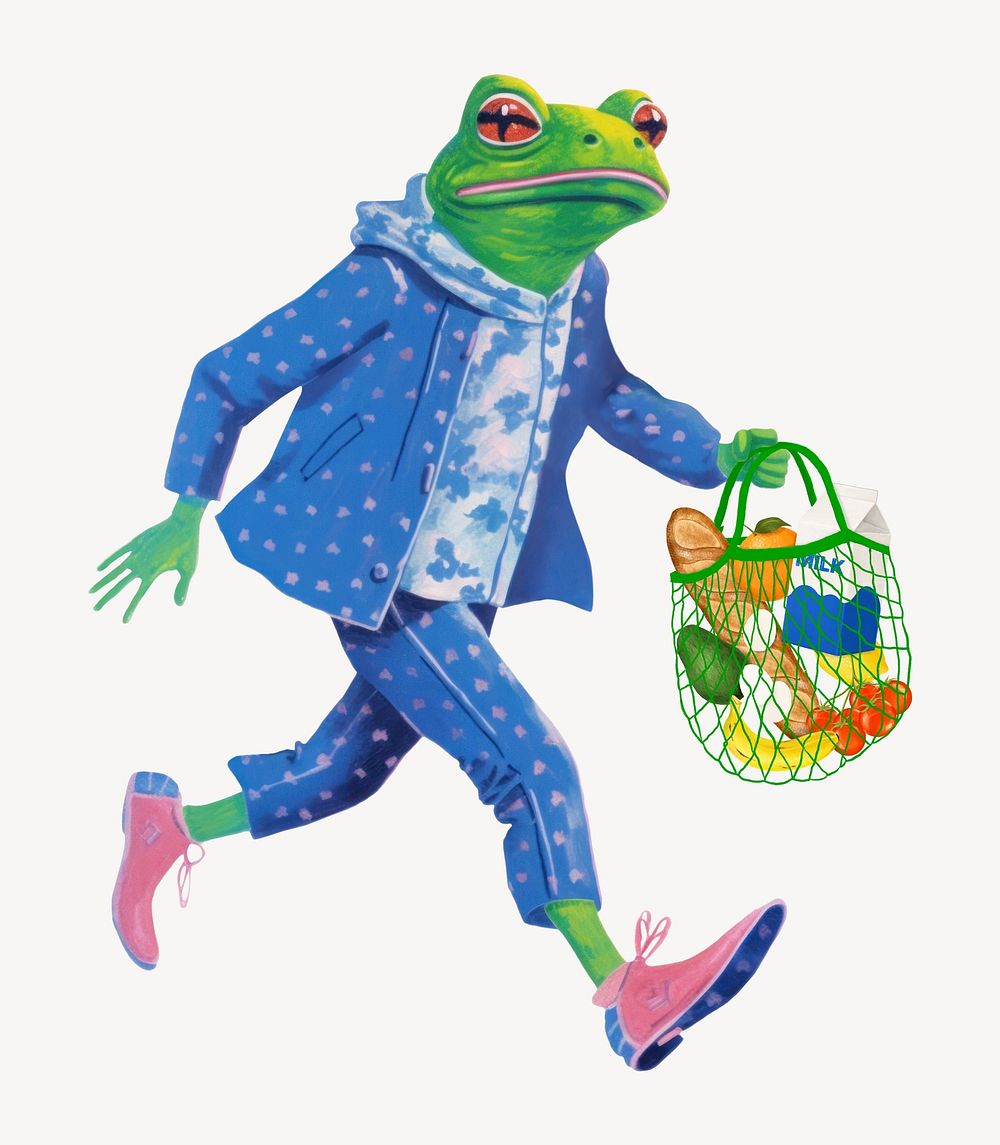 Frog character holding net bag digital art illustration