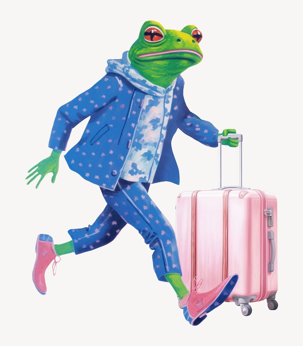 Frog character holding pink luggage digital art illustration