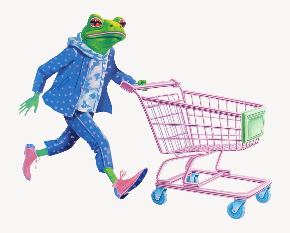 Frog character holding shopping cart digital art illustration
