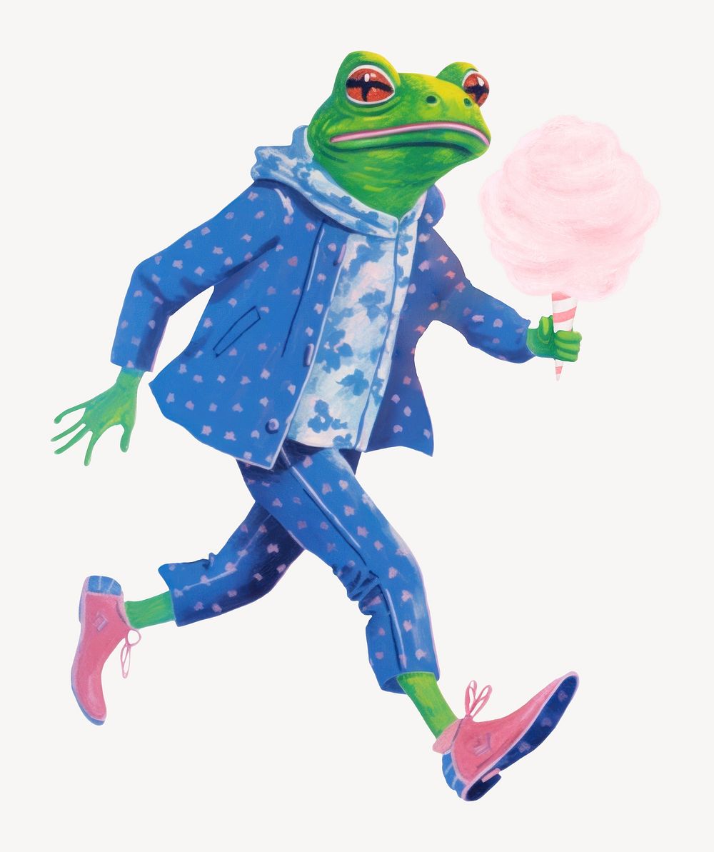 Frog character holding cotton candy digital art illustration