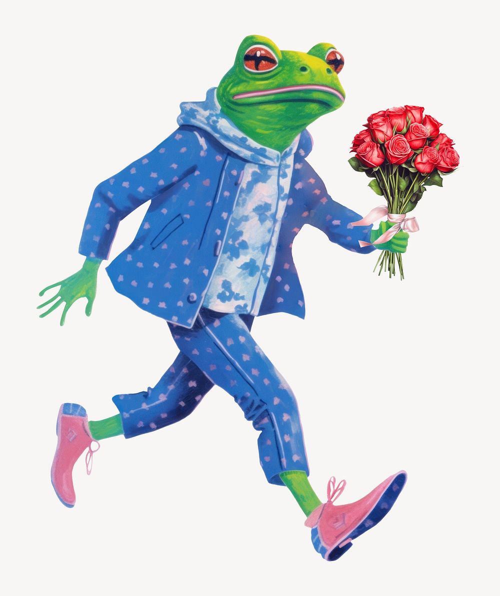 Frog character holding rose bouquet digital art illustration