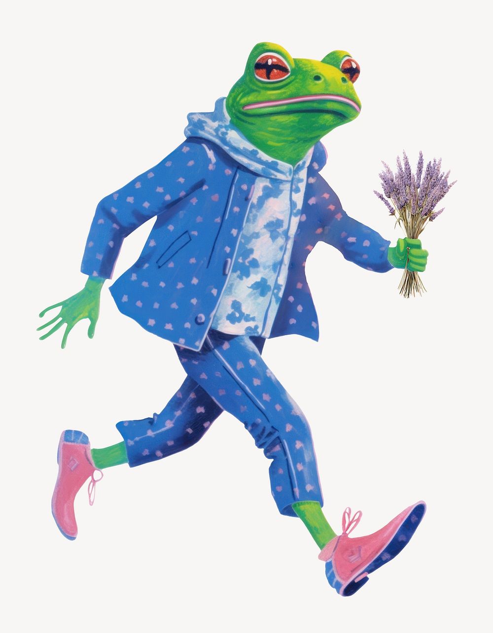 Frog character holding flower bouquet digital art illustration