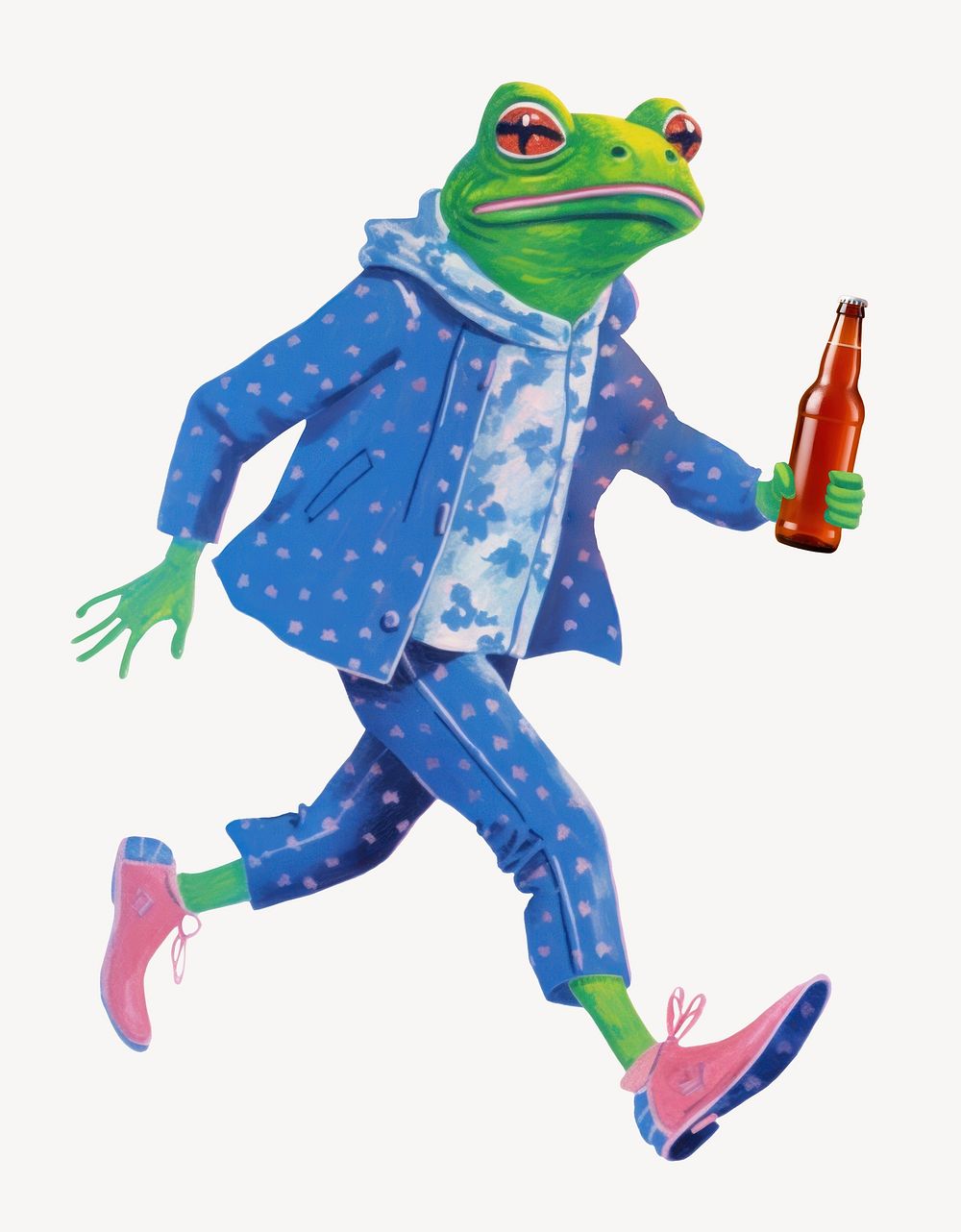 Frog character holding beer bottle digital art illustration