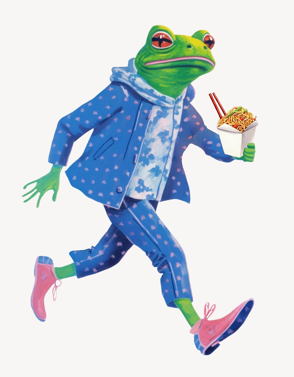 Frog character holding chowmein box digital art illustration