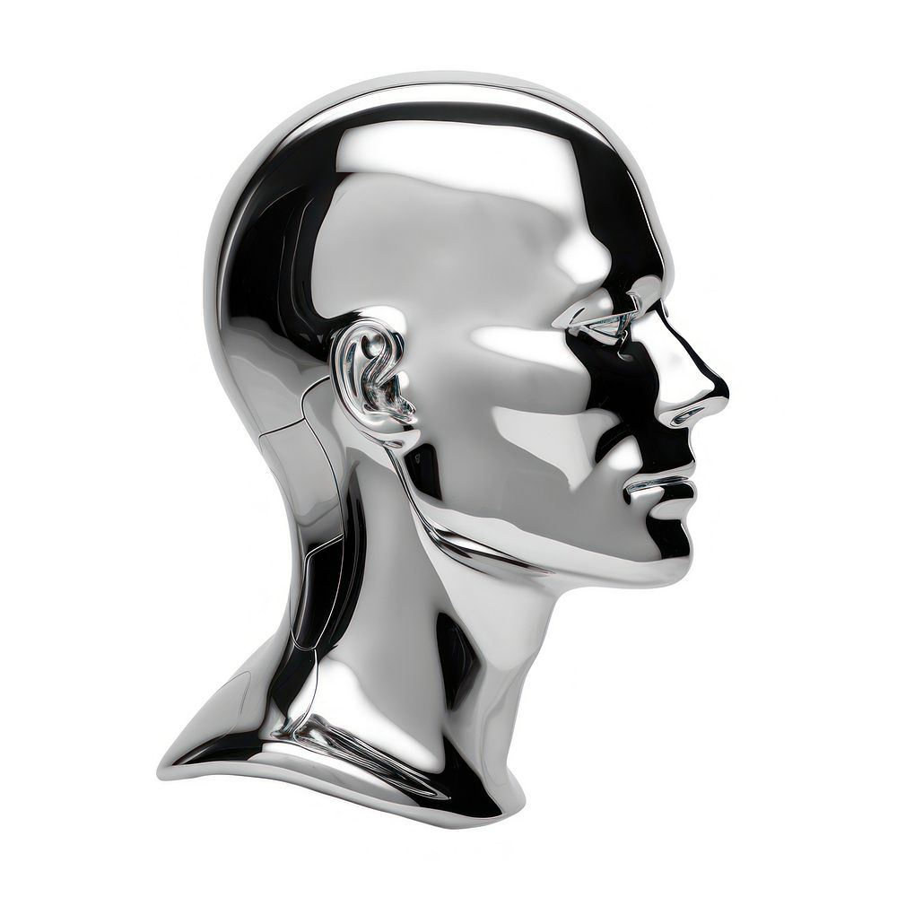 A man head Chrome material sculpture white background representation.