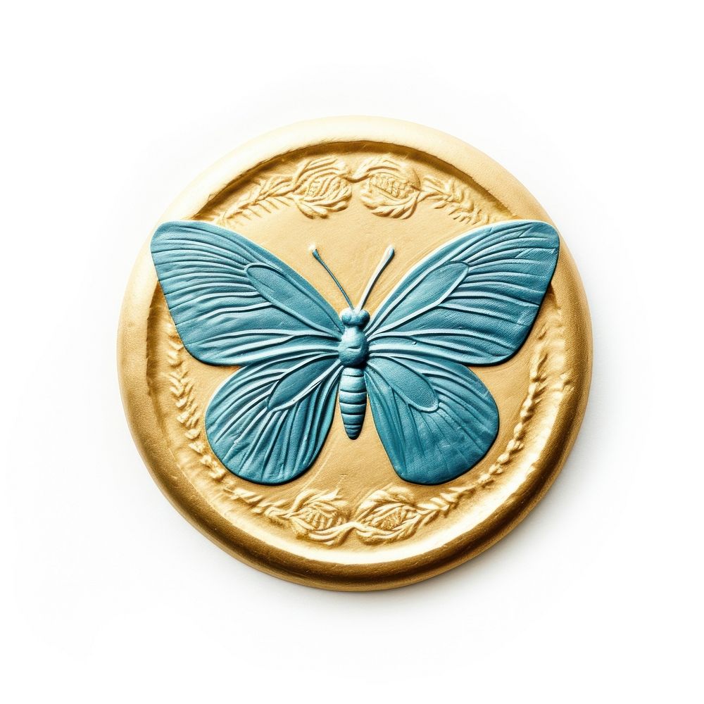 Gold butterfly blue white background.