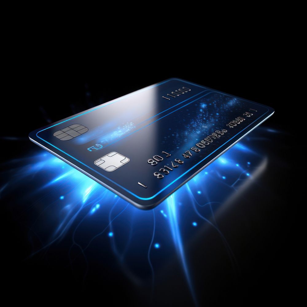 Credit card technology blue black background.