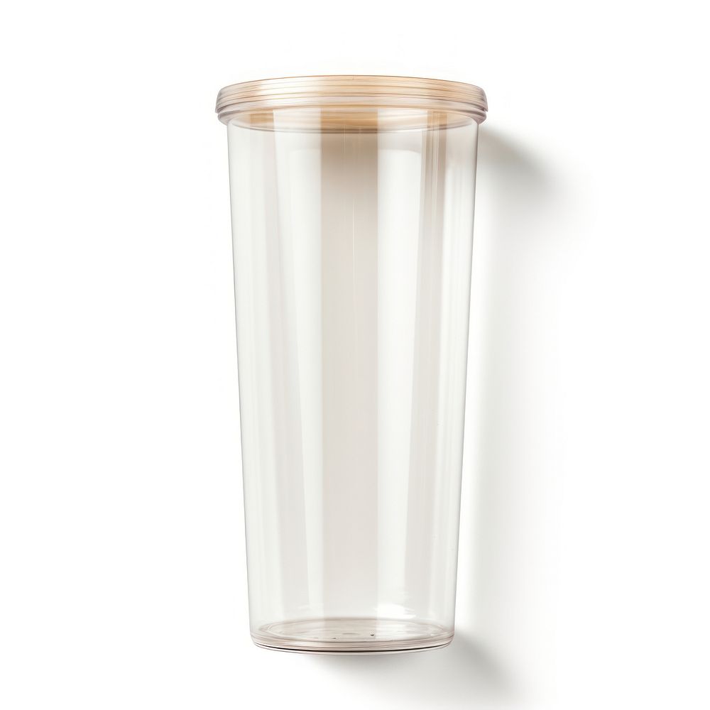 Transparent plastic tumbler  glass cup white background.