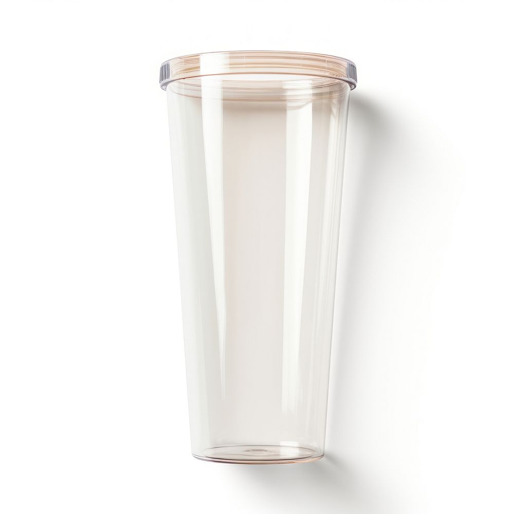 Transparent plastic tumbler  glass cup white background.