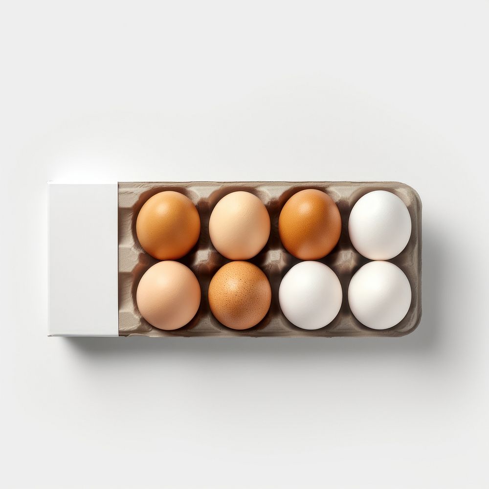 Egg carton  with white label food white background arrangement.
