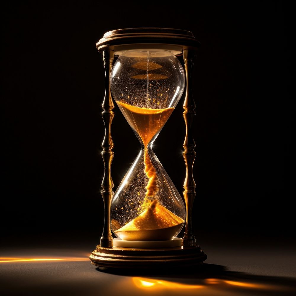 Sand clock yellow light black background.