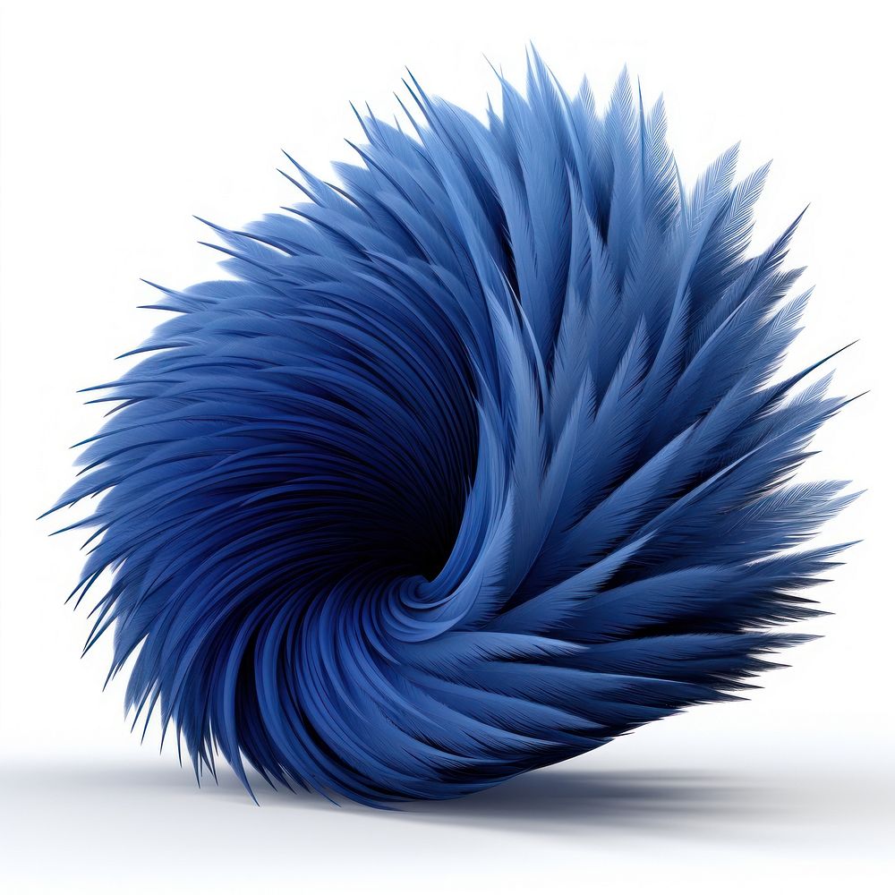 Surreal abstract shapes geometric forms blue color hairy texture white background softness feather.