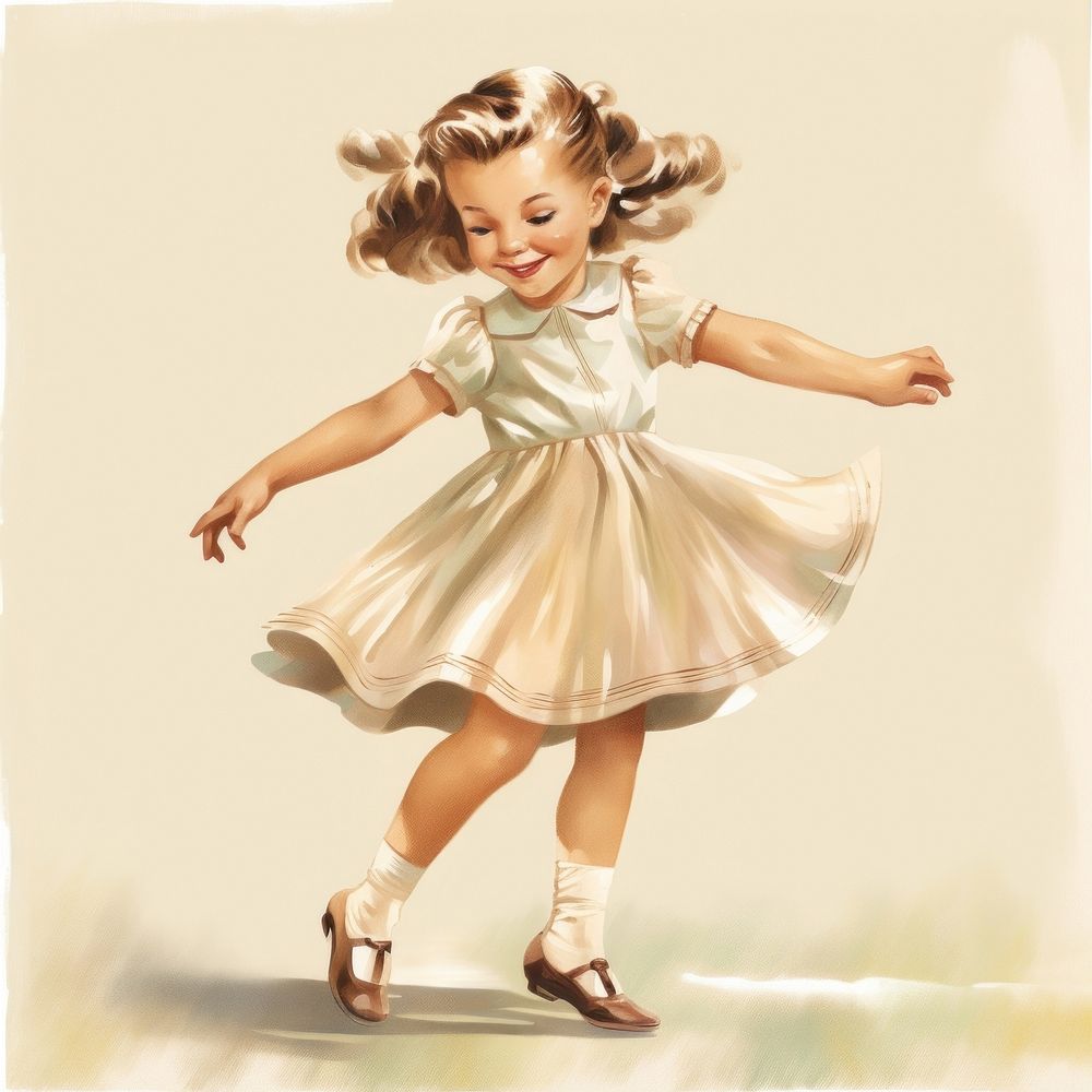 Vintage illustration of little girl dancing child art.