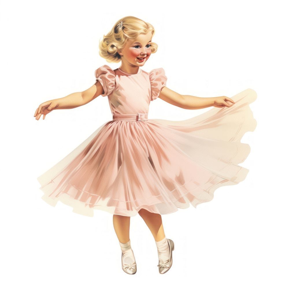 Vintage illustration of little girl dancing dress child.