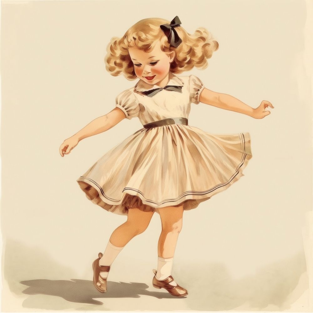 Vintage illustration of little girl dancing footwear child.