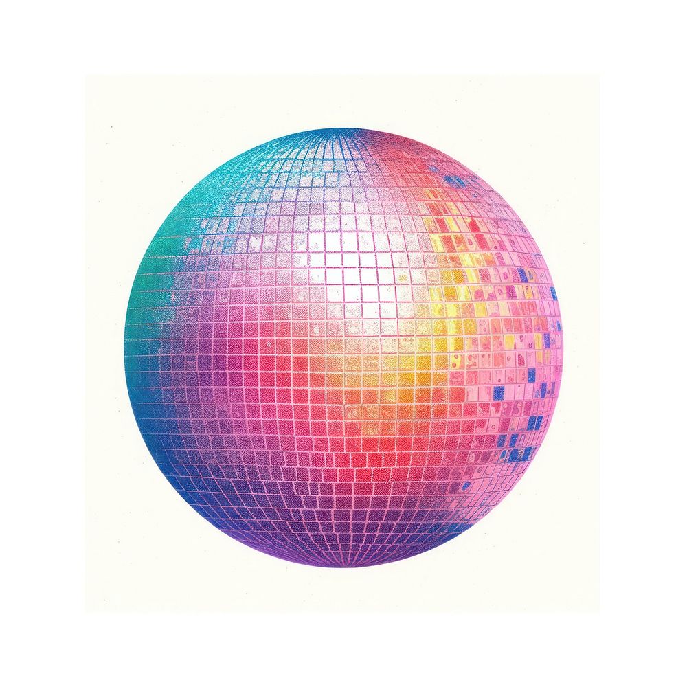 Pastel risograph printed texture of a disco ball sphere white background technology.